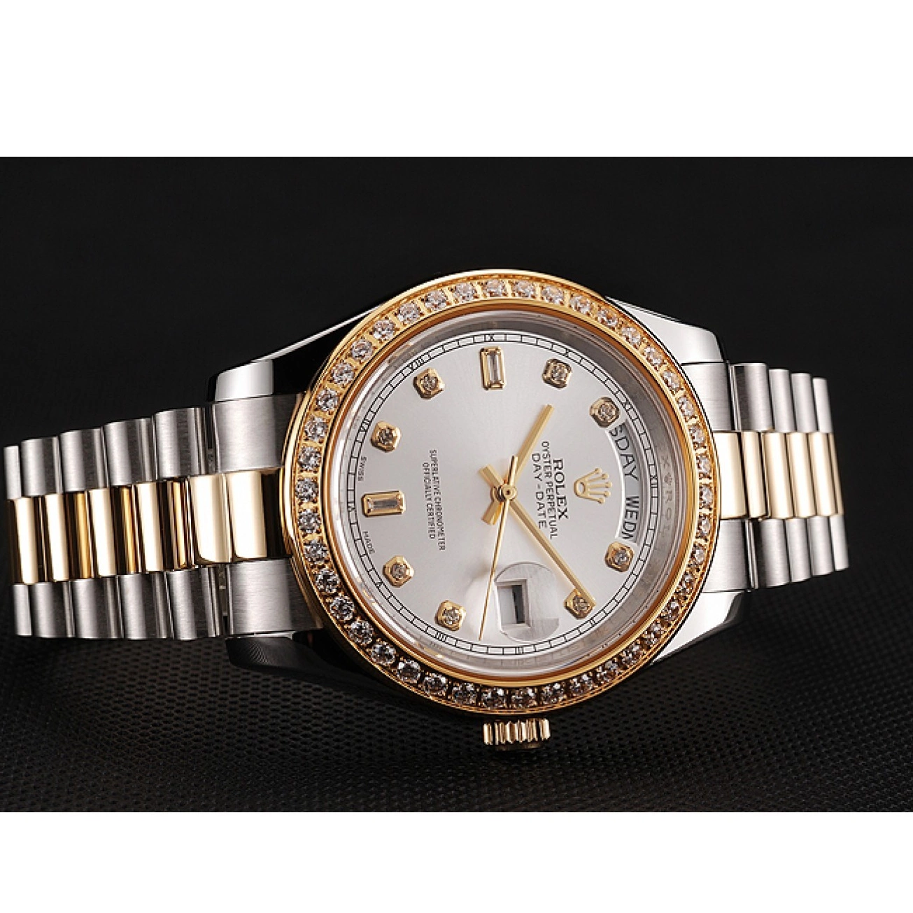 Aaa replica watch Bracelet Day-Date Two Diamond Gold Steel White Rolex Case Dial Swiss Stainless Tone 1453972 0821
